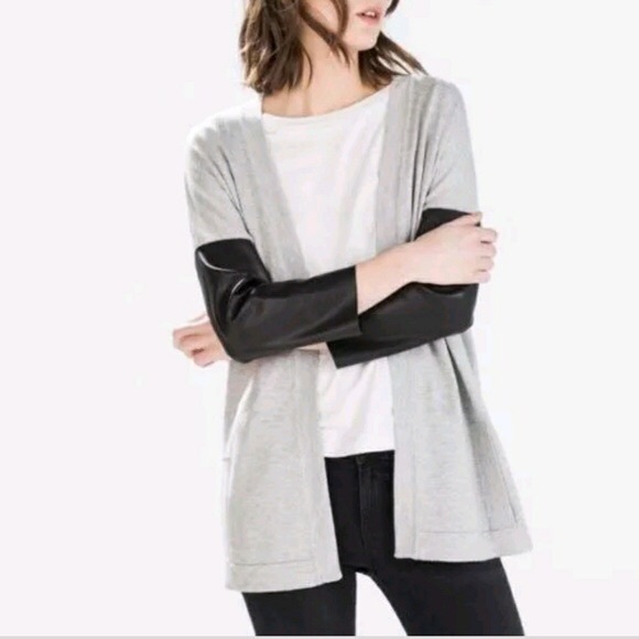 ZARA KNIT open cardigan sweater faux leather sleeves - Picture 1 of 14